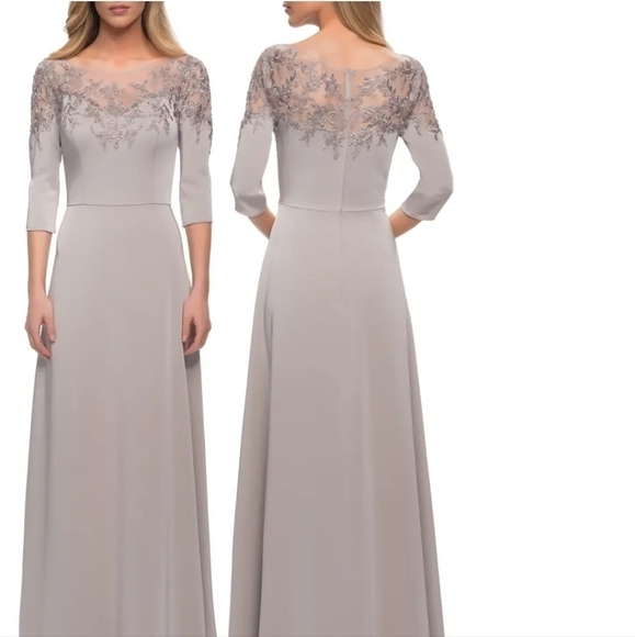 NEW La Femme Embroidered Illusion Neck Gown Silver - Picture 2 of 5